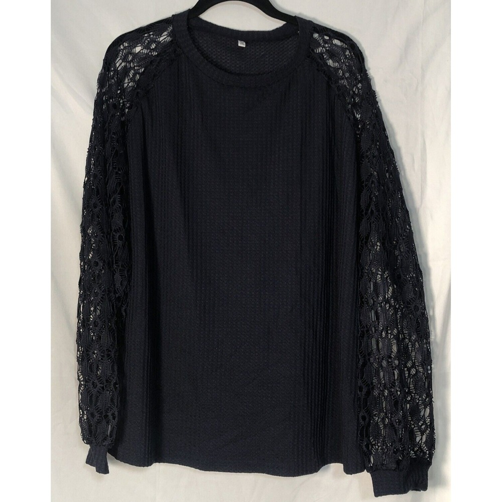 BeadChica Women's Dark Blue Blouse with‎ Long Sleeve Crochet Arms - Size 3XL